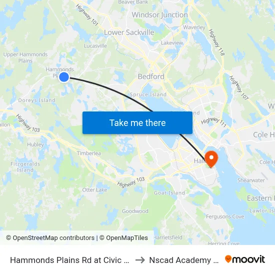 Hammonds Plains Rd at Civic 1948 (2276) to Nscad Academy Building map