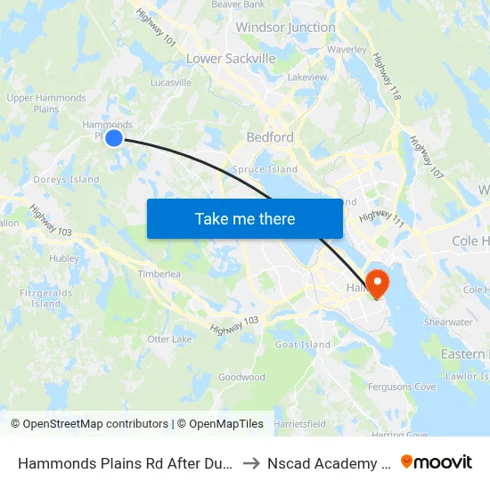 Hammonds Plains Rd After Duck Rd (2277) to Nscad Academy Building map