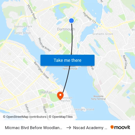 Micmac Blvd Before Woodland Ave (7215) to Nscad Academy Building map