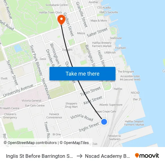 Inglis St Before Barrington St (6963) to Nscad Academy Building map