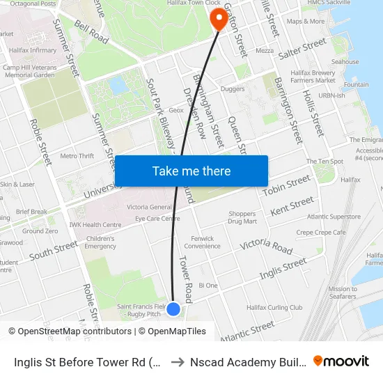 Inglis St Before Tower Rd (6969) to Nscad Academy Building map