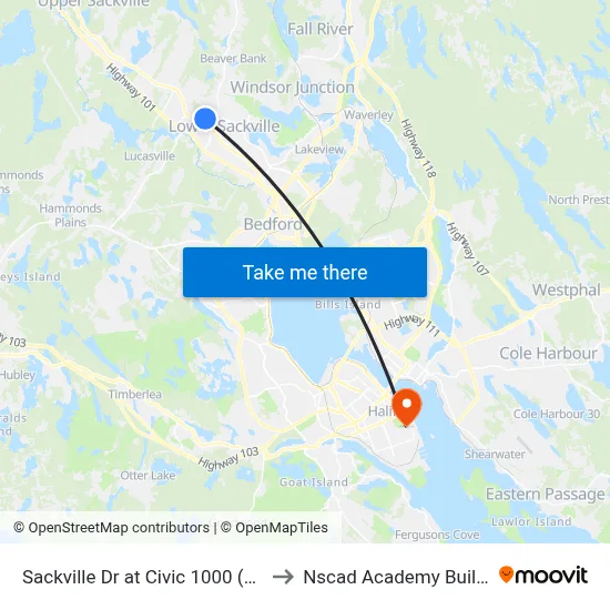 Sackville Dr at Civic 1000 (7332) to Nscad Academy Building map