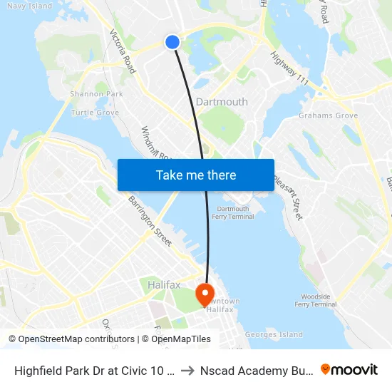 Highfield Park Dr at Civic 10 (6925) to Nscad Academy Building map
