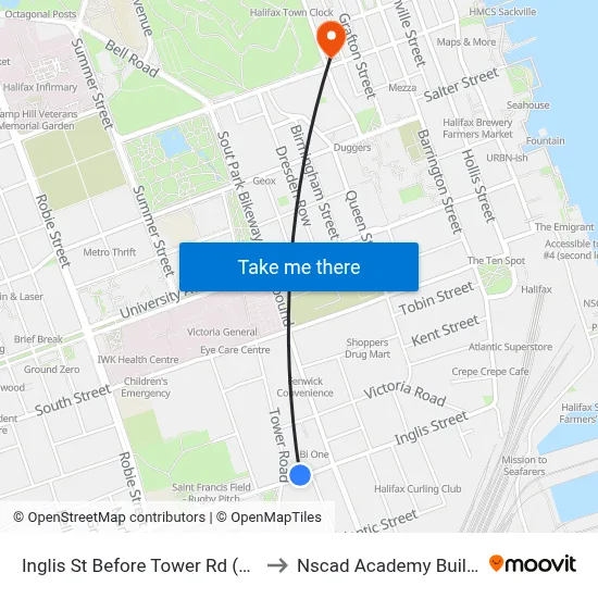 Inglis St Before Tower Rd (6970) to Nscad Academy Building map
