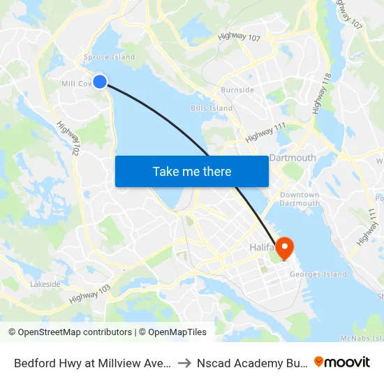 Bedford Hwy at Millview Ave (6258) to Nscad Academy Building map