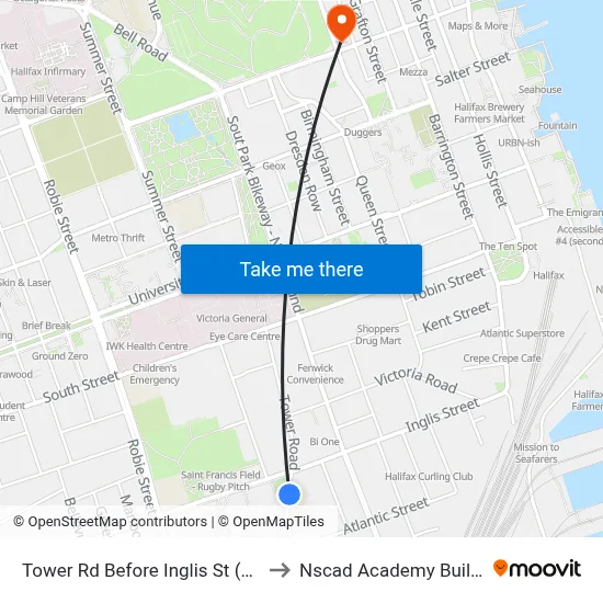 Tower Rd Before Inglis St (8408) to Nscad Academy Building map