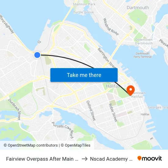 Fairview Overpass After Main Ave (6644) to Nscad Academy Building map