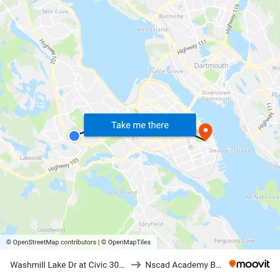 Washmill Lake Dr at Civic 303 (6717) to Nscad Academy Building map