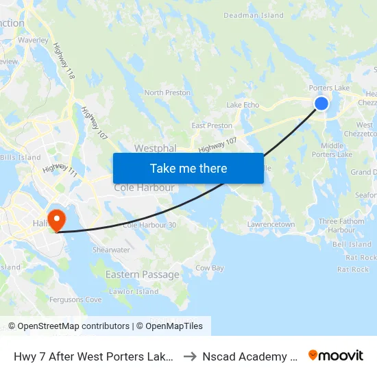 Hwy 7 After West Porters Lake Rd (8784) to Nscad Academy Building map