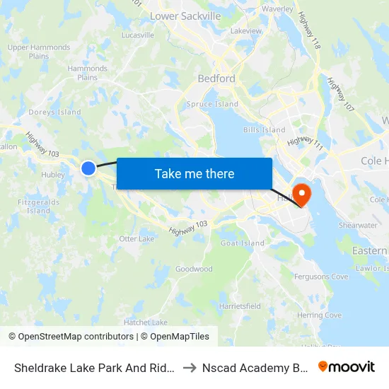 Sheldrake Lake Park And Ride (7618) to Nscad Academy Building map