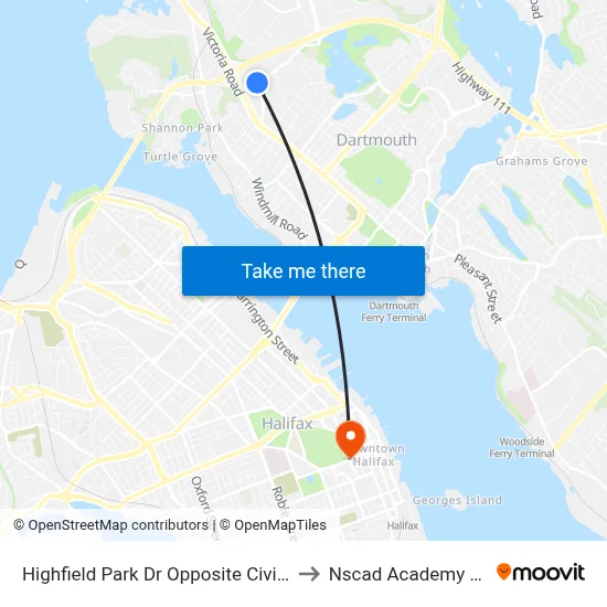 Highfield Park Dr Opposite Civic 72 (6919) to Nscad Academy Building map