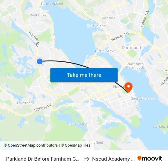 Parkland Dr Before Farnham Gate Rd (7433) to Nscad Academy Building map