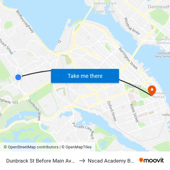 Dunbrack St Before Main Ave (6604) to Nscad Academy Building map