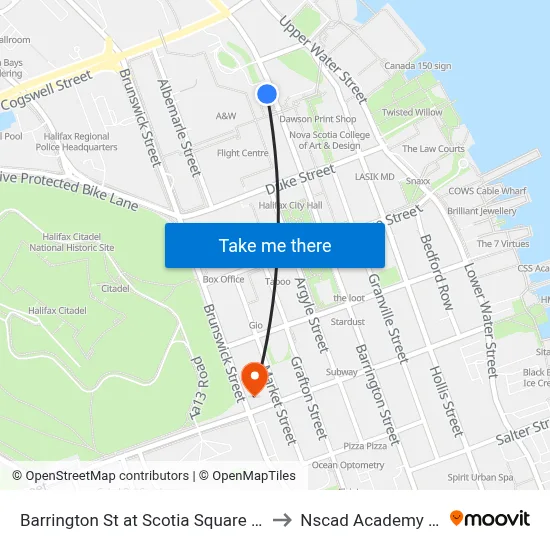 Barrington St at Scotia Square Bay 4 (6108) to Nscad Academy Building map