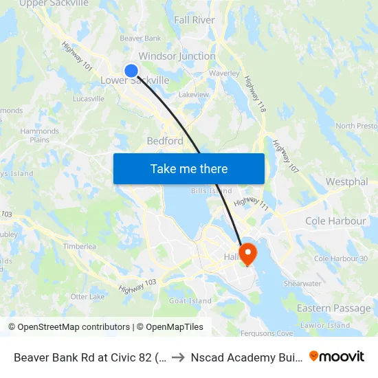 Beaver Bank Rd at Civic 82 (8758) to Nscad Academy Building map