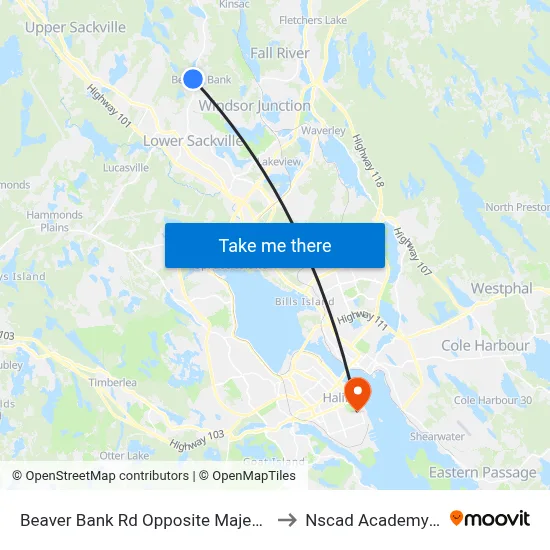 Beaver Bank Rd Opposite Majestic Ave (8754) to Nscad Academy Building map