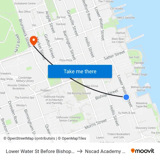 Lower Water St Before Bishop St (8819) to Nscad Academy Building map