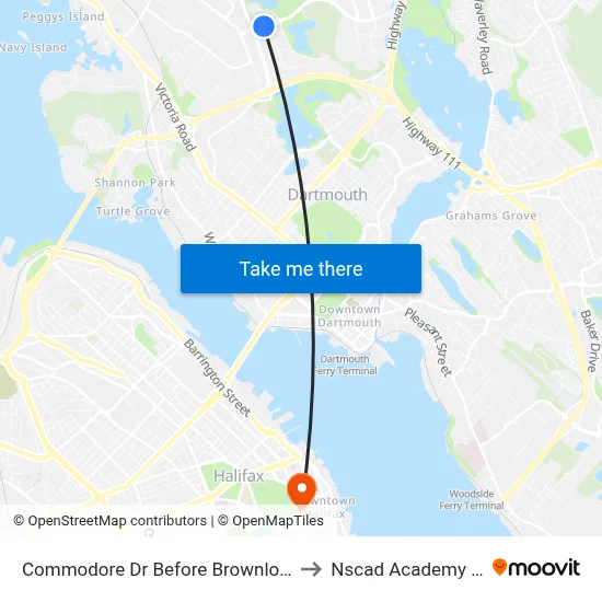 Commodore Dr Before Brownlow Ave (6490) to Nscad Academy Building map