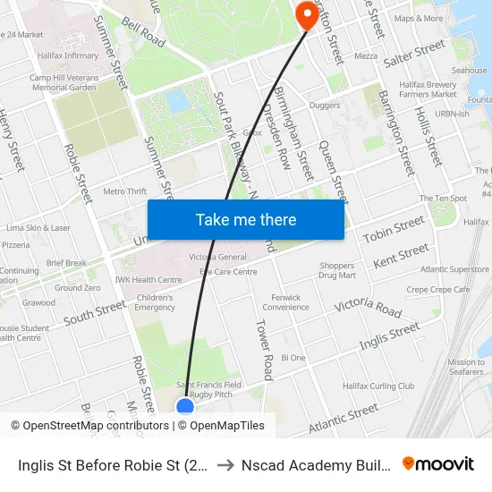 Inglis St Before Robie St (2322) to Nscad Academy Building map