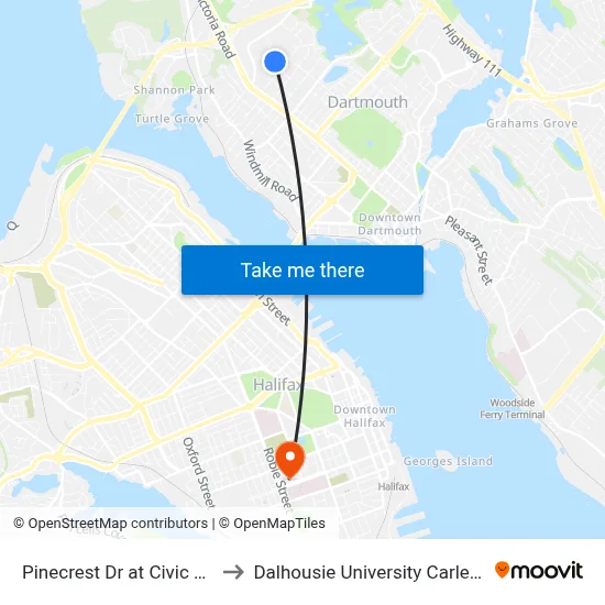 Pinecrest Dr at Civic 112 (2329) to Dalhousie University Carleton Campus map