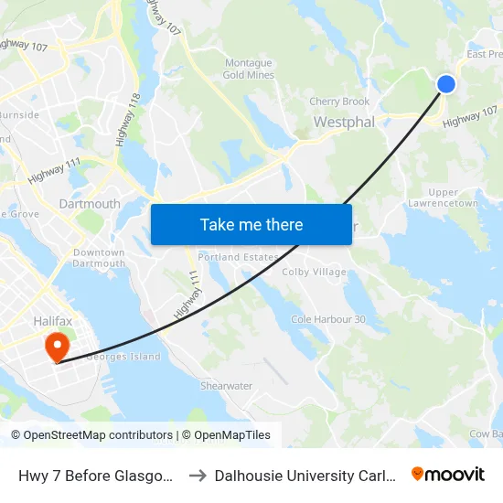 Hwy 7 Before Glasgow Rd (2341) to Dalhousie University Carleton Campus map