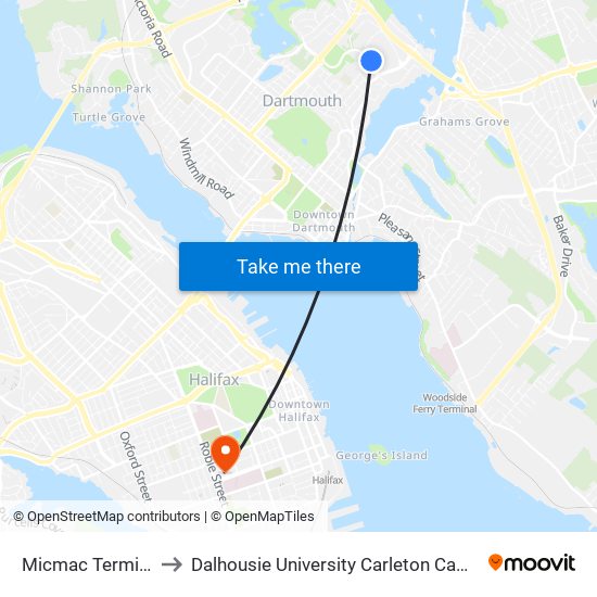 Micmac Terminal to Dalhousie University Carleton Campus map