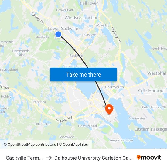 Sackville Terminal to Dalhousie University Carleton Campus map