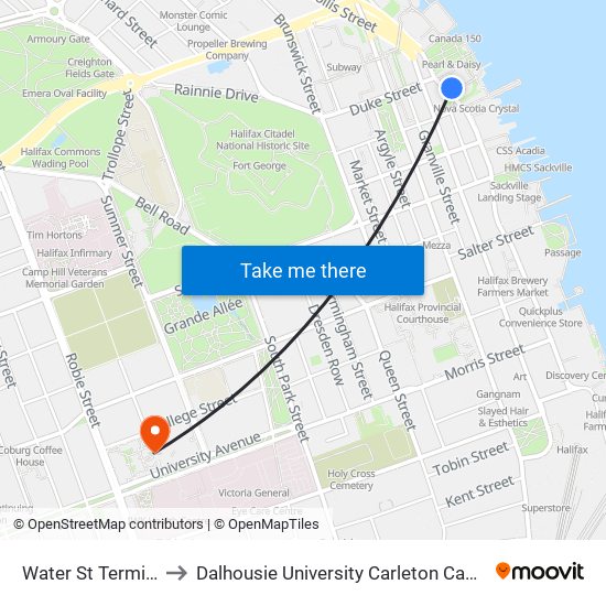 Water St Terminal to Dalhousie University Carleton Campus map
