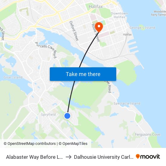 Alabaster Way Before Lier Rg (2170) to Dalhousie University Carleton Campus map