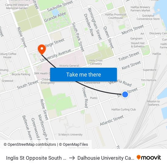 Inglis St Opposite South Bland St (6972) to Dalhousie University Carleton Campus map