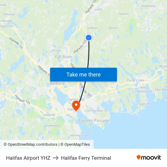 Halifax Airport YHZ to Halifax Ferry Terminal map