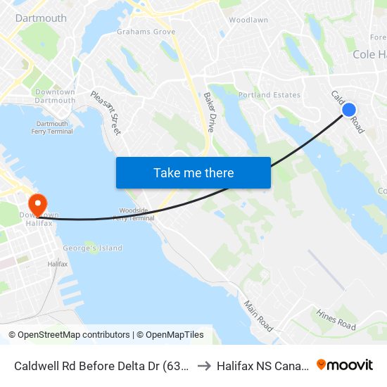 Caldwell Rd Before Delta Dr (6343) to Halifax NS Canada map