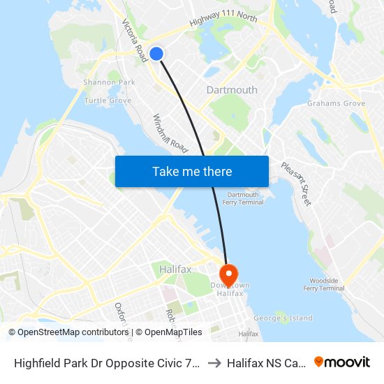 Highfield Park Dr Opposite Civic 72 (6919) to Halifax NS Canada map