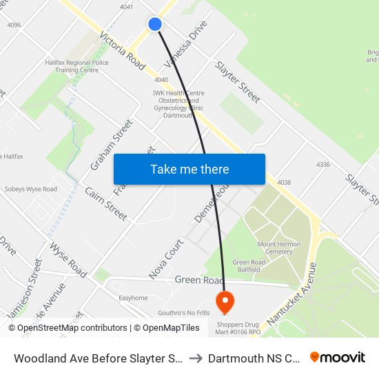 Woodland Ave Before Slayter St (8587) to Dartmouth NS Canada map