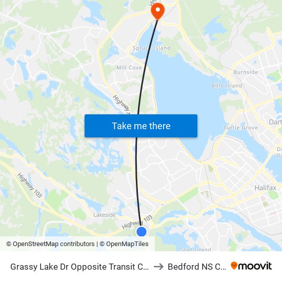 Grassy Lake Dr Opposite Transit Centre (9051) to Bedford NS Canada map