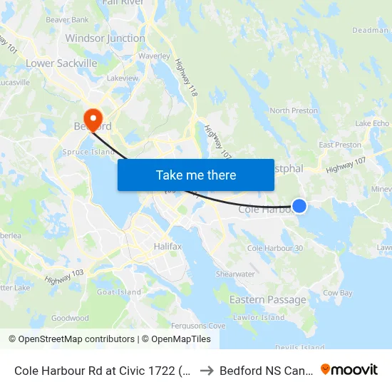Cole Harbour Rd at Civic 1722 (2343) to Bedford NS Canada map