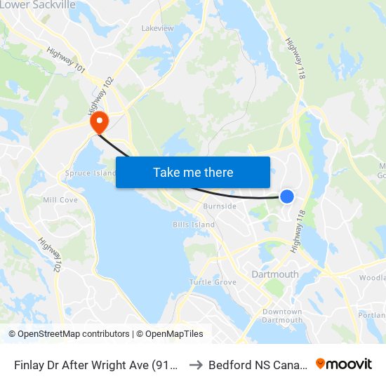 Finlay Dr After Wright Ave (9116) to Bedford NS Canada map