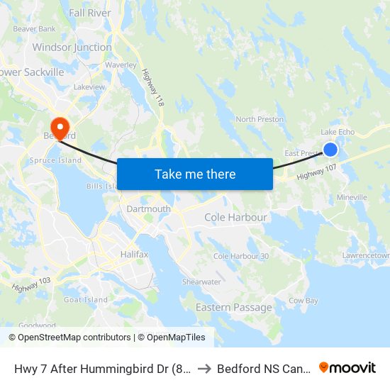 Hwy 7 After Hummingbird Dr (8817) to Bedford NS Canada map
