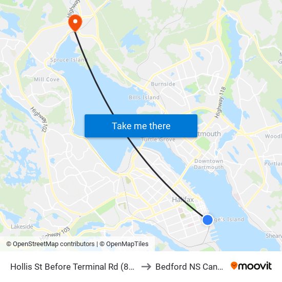 Hollis St Before Terminal Rd (8826) to Bedford NS Canada map