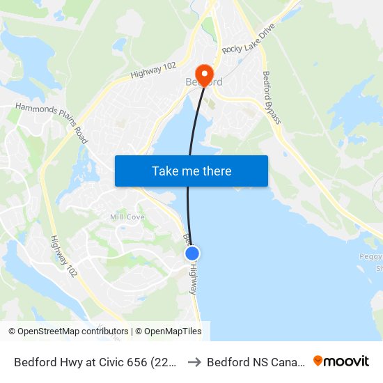 Bedford Hwy at Civic 656 (2202) to Bedford NS Canada map