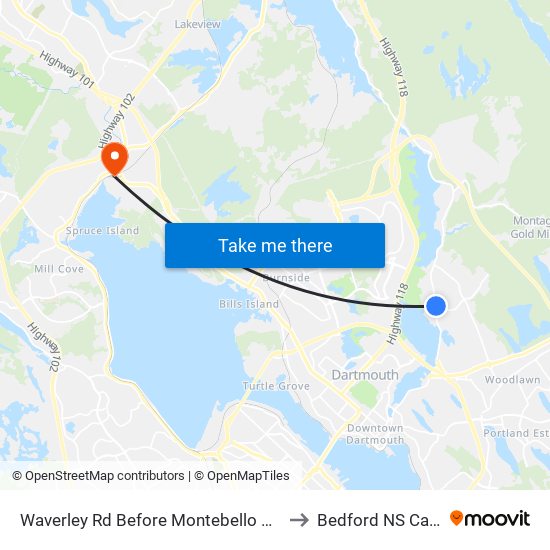 Waverley Rd Before Montebello Dr (8441) to Bedford NS Canada map