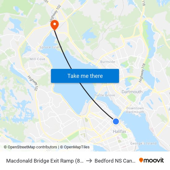 Macdonald Bridge Exit Ramp (8638) to Bedford NS Canada map