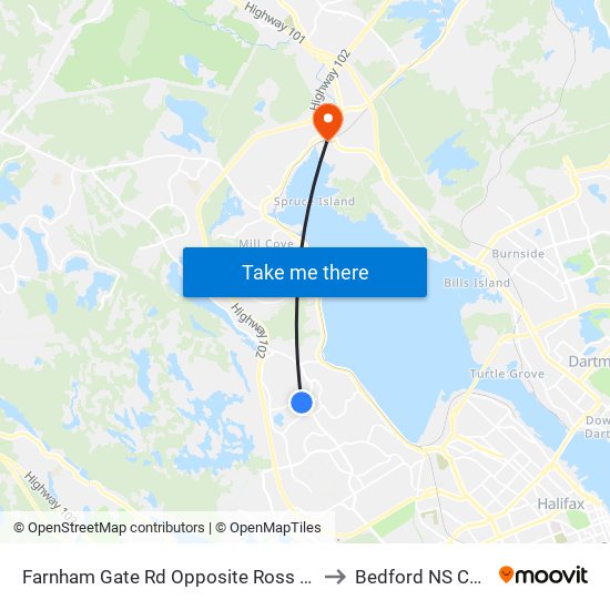 Farnham Gate Rd Opposite Ross St (6647) to Bedford NS Canada map
