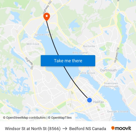 Windsor St at North St (8566) to Bedford NS Canada map