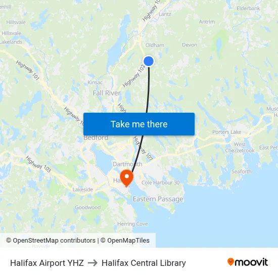 Halifax Airport YHZ to Halifax Central Library map