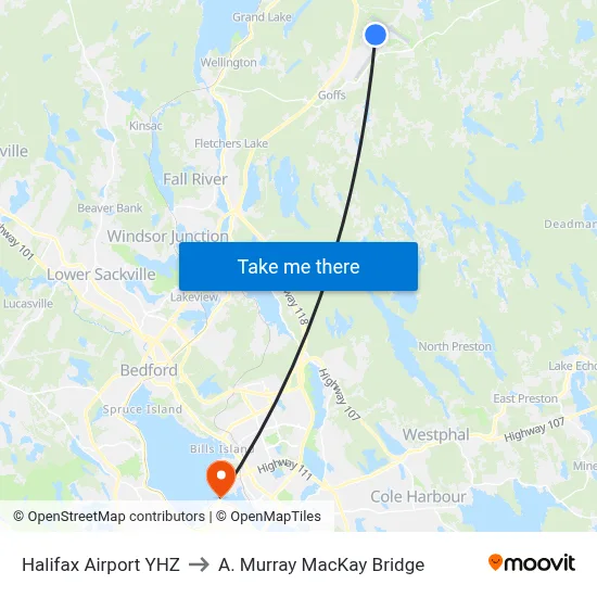 Halifax Airport YHZ to A. Murray MacKay Bridge map