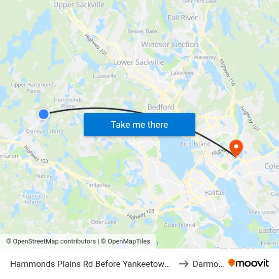 Hammonds Plains Rd Before Yankeetown Rd (6802) to Darmouth map