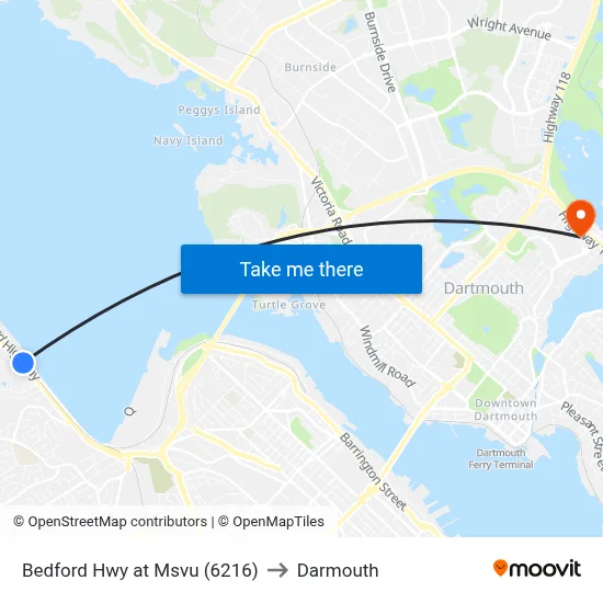 Bedford Hwy at Msvu (6216) to Darmouth map