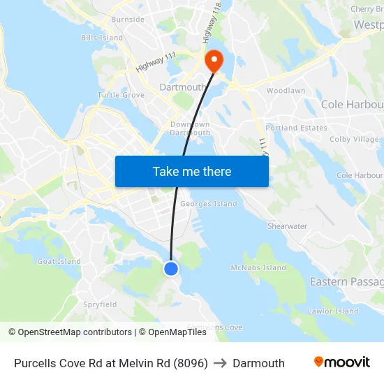 Purcells Cove Rd at Melvin Rd (8096) to Darmouth map