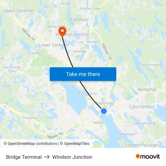 Bridge Terminal to Windsor Junction map